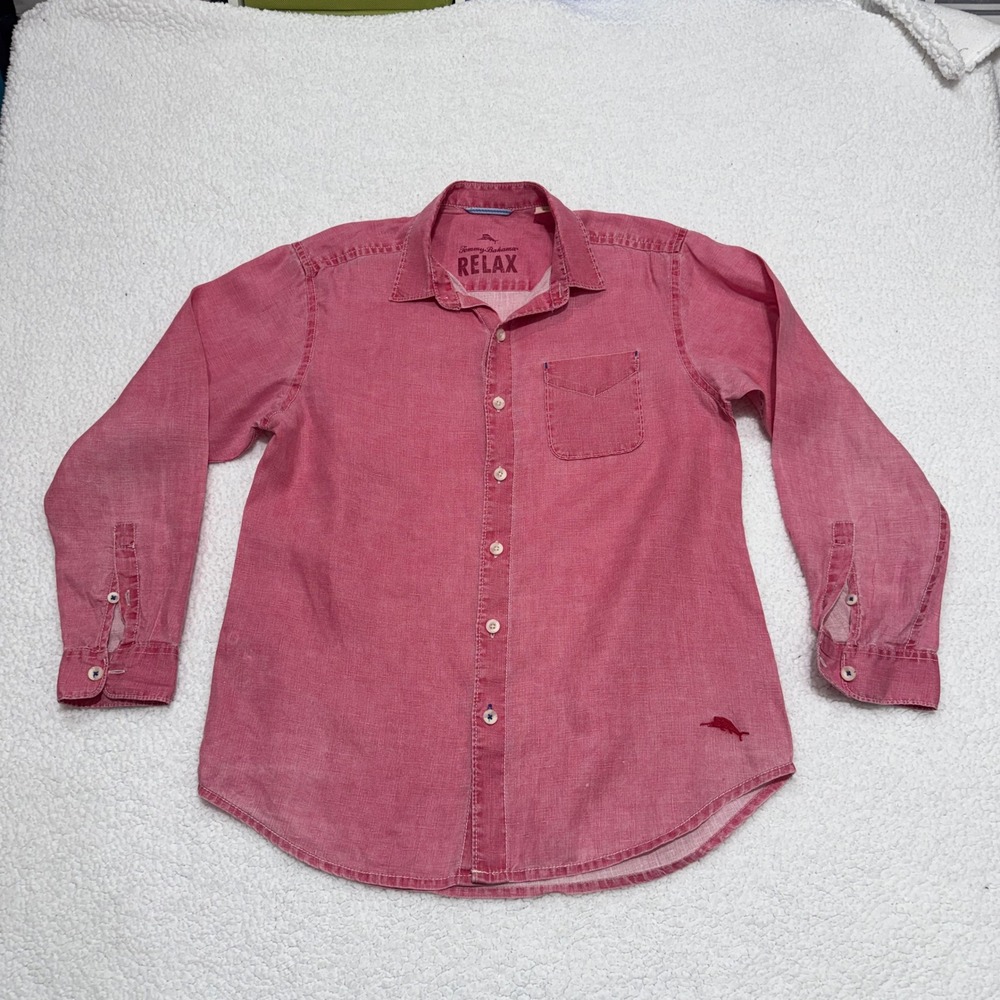 Tommy Bahama Relax Mens Small Pink Long Sleeve 100% Linen Button Up‎ Shirt